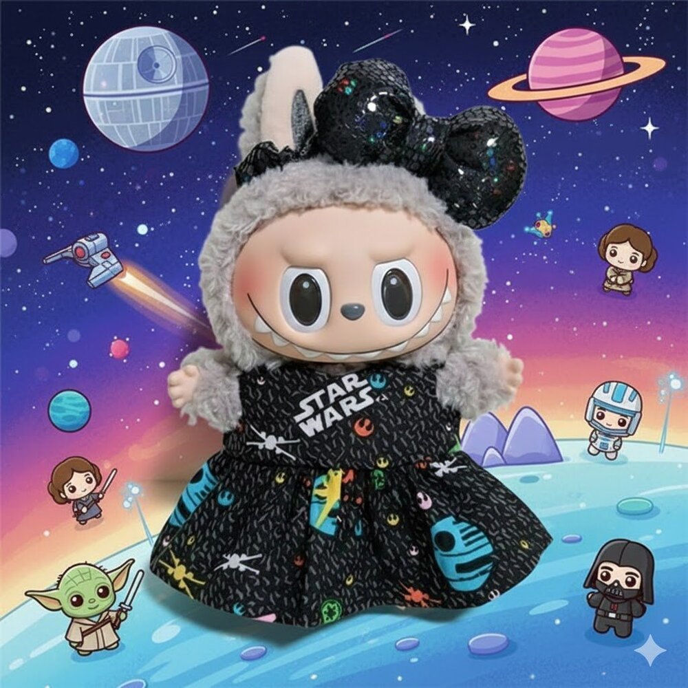 Labubu Disney Star Wars Handmade Dress and Metallic Bow Outfit